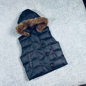 Vintage GAP Black Y2K Puffer Coat Fur Hood Cropped Babydoll 75% Down Warm